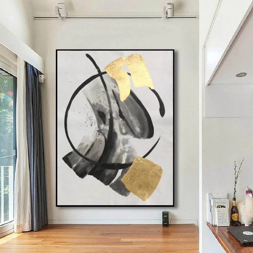 White Hand-painted Black Leaf Painting Abstract Canvas Artwork JM56L